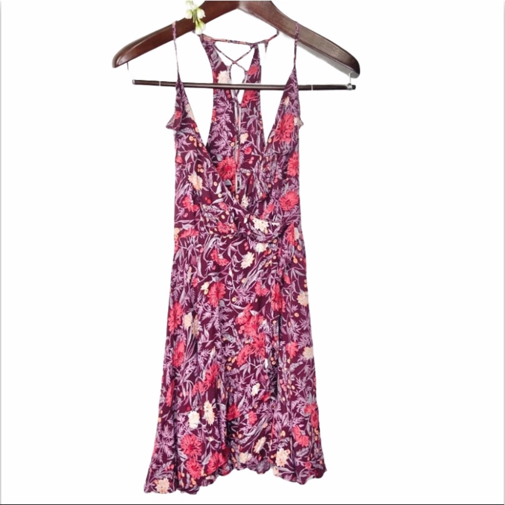 Urban Outfitters•Kimchi Blue•boho floral laceup Sabrina wrap mini dress size 2